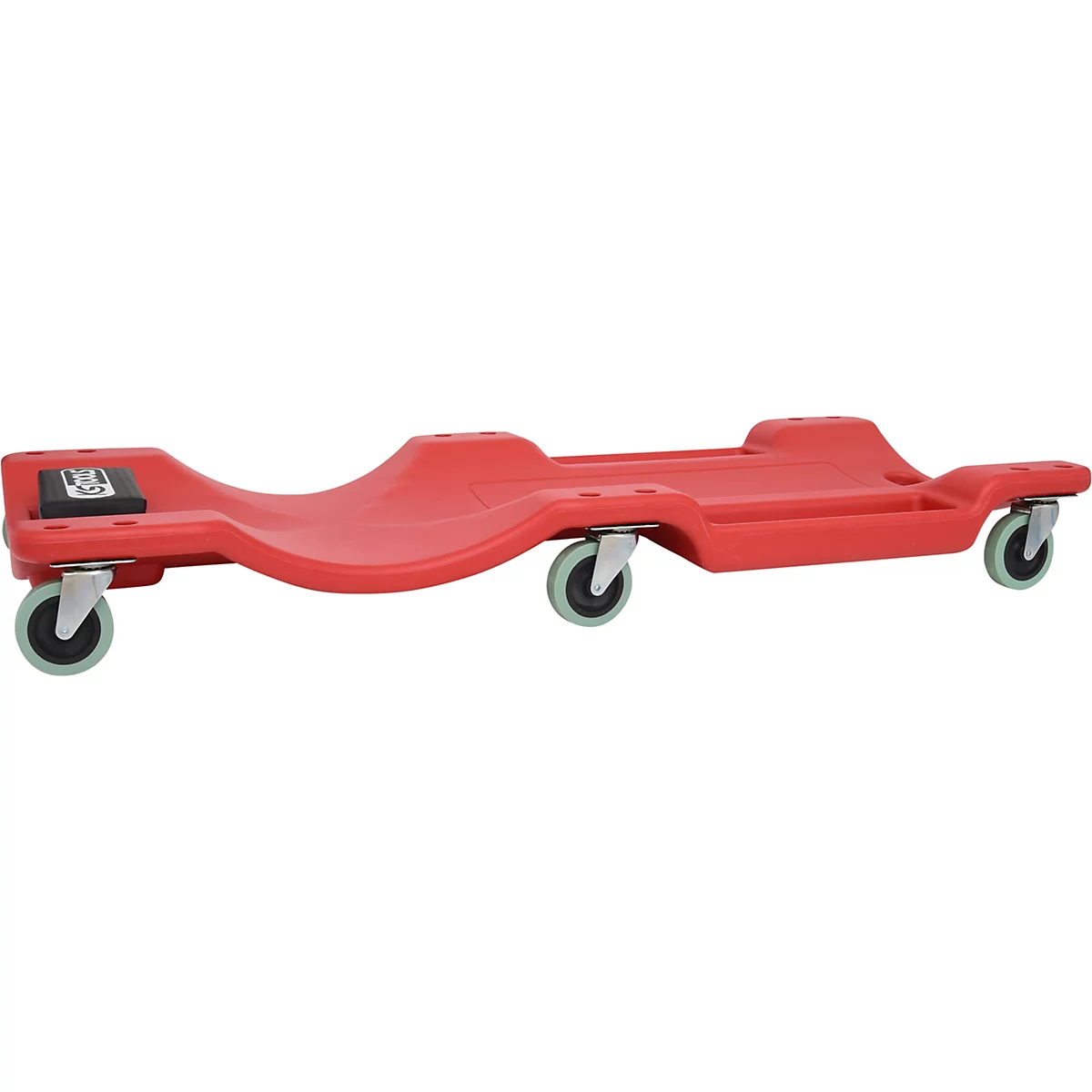 Rote Werkstattliege mit vier Rollen. Auf einer kleinen schwarzen Fläche steht "GE"